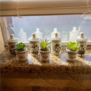 Herb-Themed Ceramic Canister Set with Succulent Planters